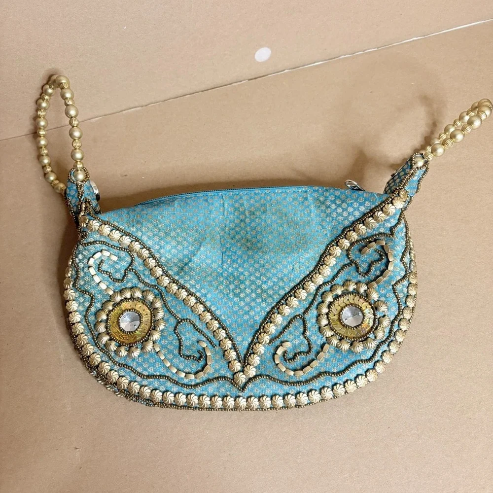 Boho Beaded Evening Clutch Purse India Handmade Blue Gold Wristlet Bag